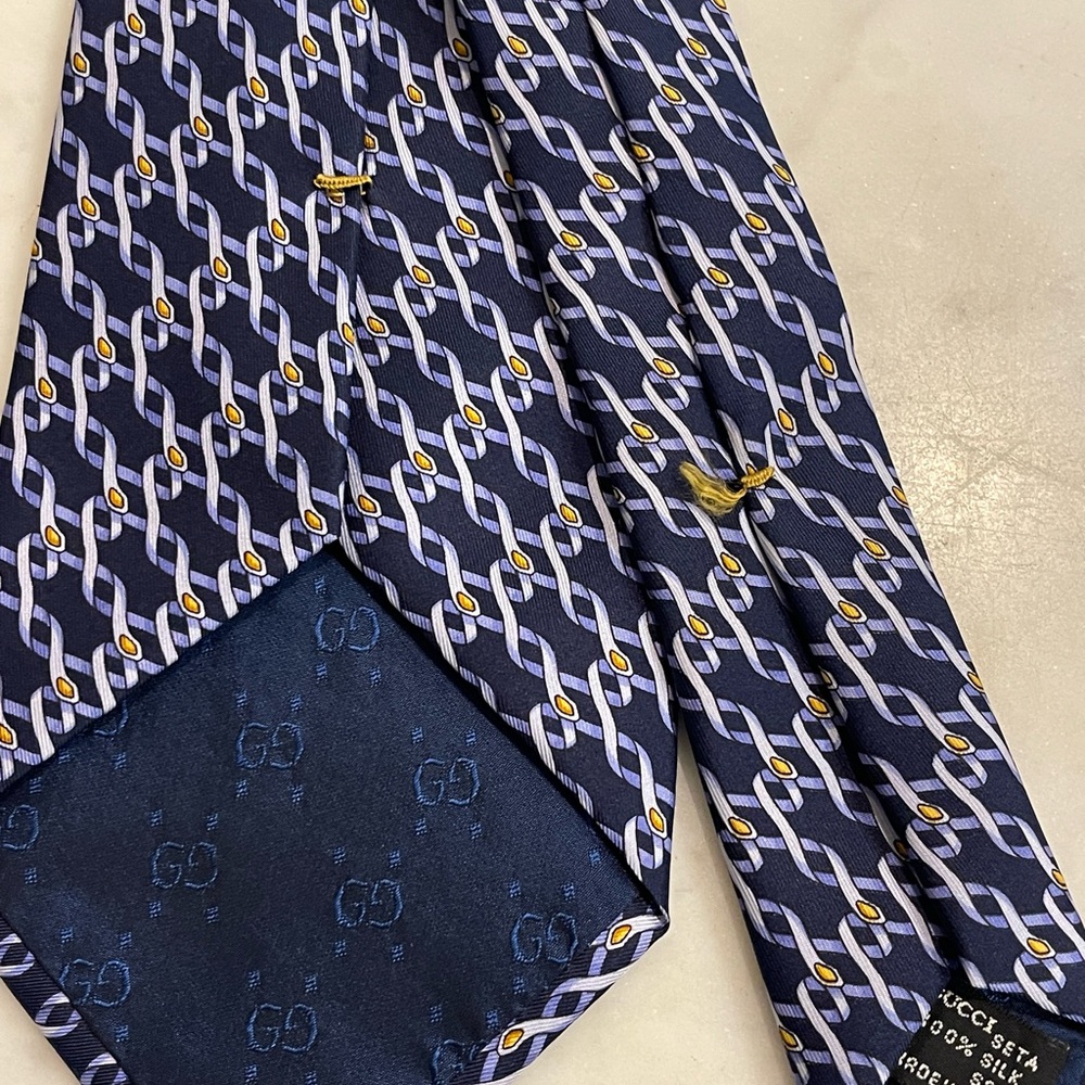 Vintage Gucci Interlocking Pattern Navy Blue Tie - image 3